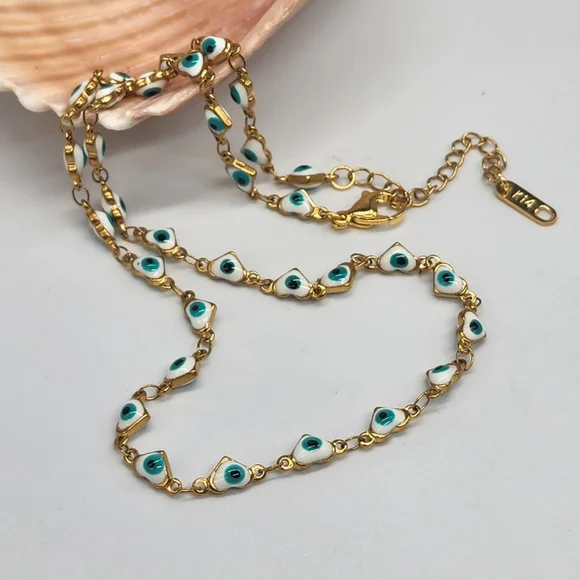 FP Designer Artisan Blue Evil Eye Gold Heart 14k Goldplated Choker Chain